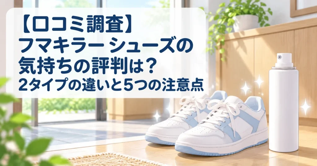 明るい玄関にスニーカーと靴用消臭スプレーを置いたイラスト