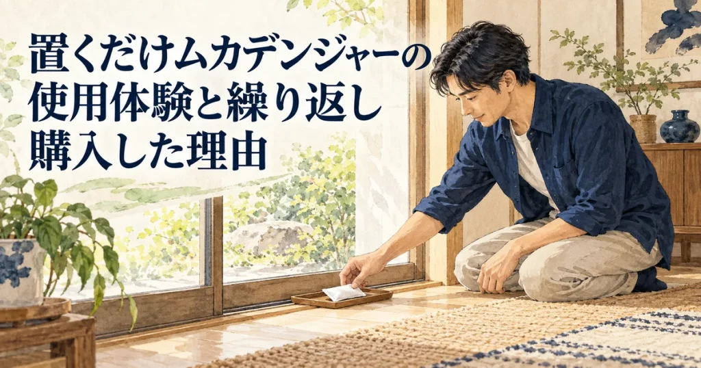 窓の近くのトレーに袋入りのムカデ忌避剤を設置する男性のイラスト