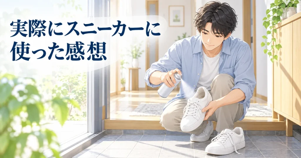 スニーカーの内側に消臭スプレーを吹きかける男性のイラスト