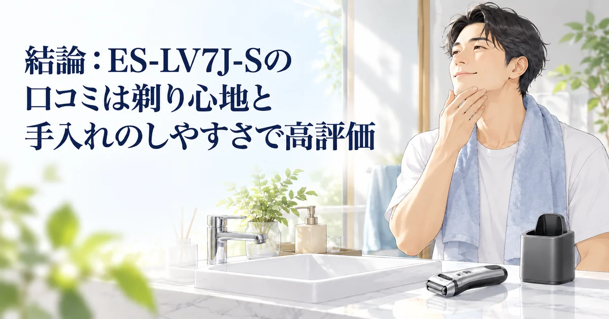 ES-LV7J-Sの口コミからわかる結論を紹介する、洗面所でアゴに手を当てる男性のイラスト