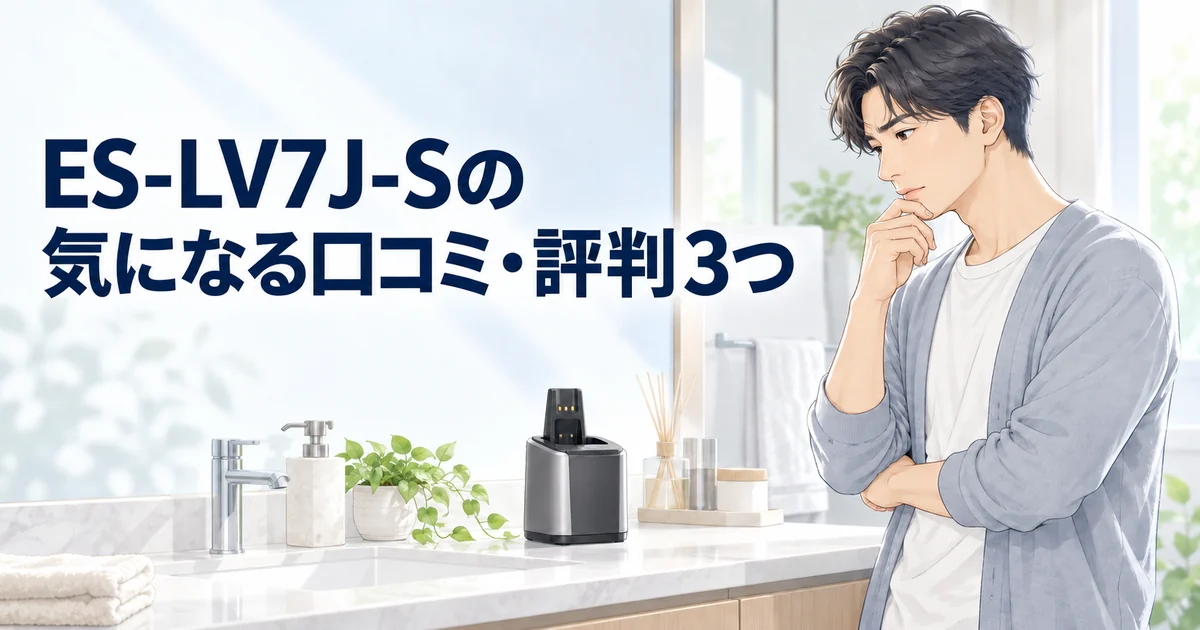 ES-LV7J-Sの気になる口コミ・評判を紹介する、洗浄充電器の横で考え込む男性のイラスト