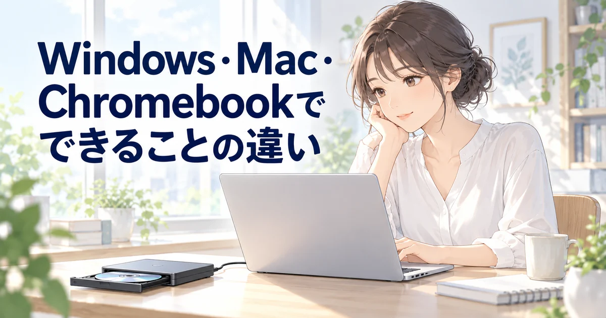 Windows・Mac・Chromebookでできることの違いを紹介する、ノートパソコンの前でほおづえをつく女性のイラスト