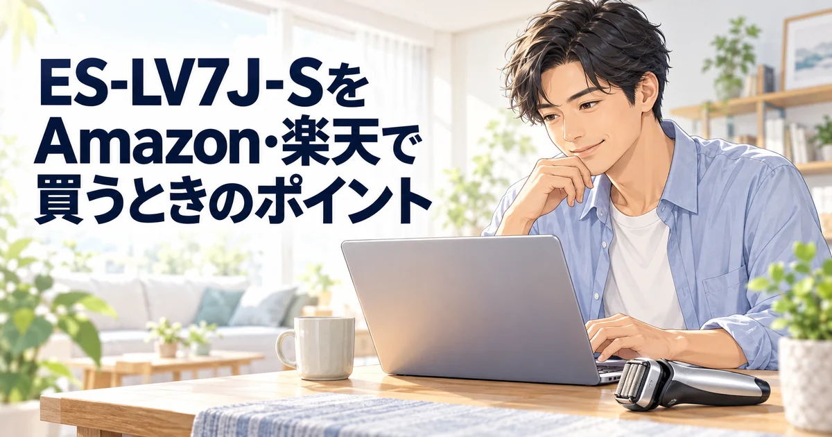 ES-LV7J-SをAmazon・楽天で買うときのポイントを紹介する、ノートパソコンで買い物を検討する男性のイラスト