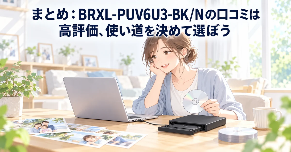 BRXL-PUV6U3-BK/Nの口コミのまとめを紹介する、ブルーレイドライブの横でほほえむ女性のイラスト