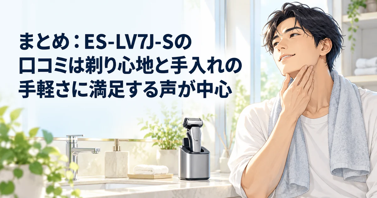 ES-LV7J-Sの口コミのまとめを紹介する、剃り上がった頬に手を当てて満足そうな男性のイラスト