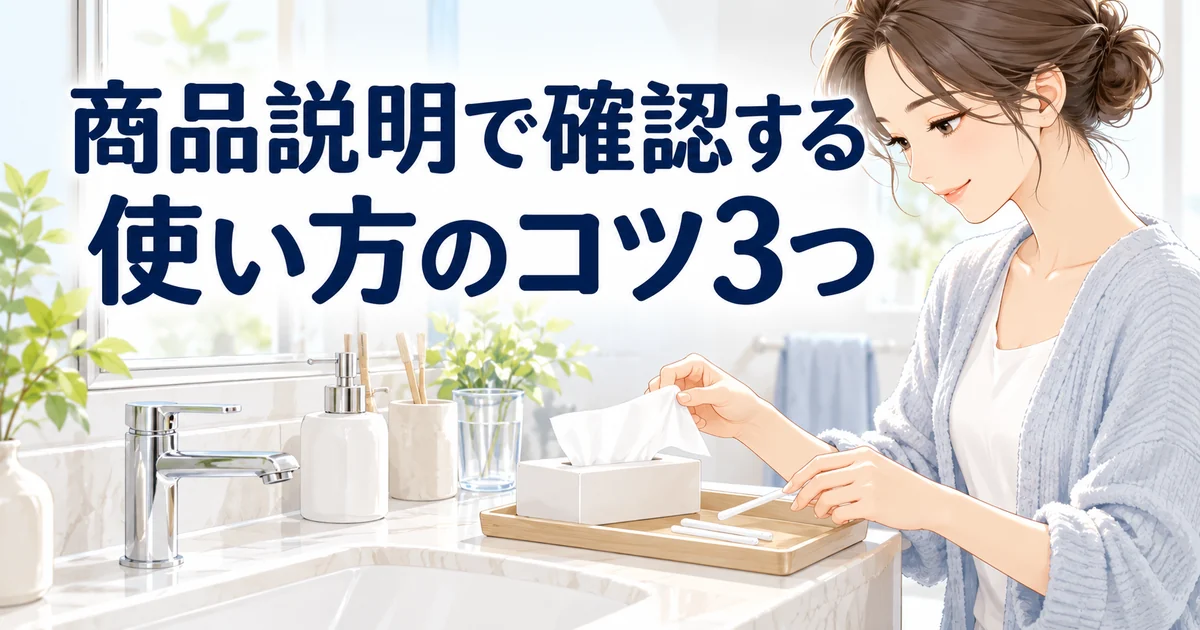 トゥースティックの使い方のコツ3つを紹介する、洗面台でティッシュを手に取る女性のイラスト