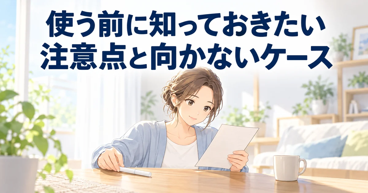 トゥースティックを使う前の注意点と向かないケースを紹介する、説明書を読む女性のイラスト