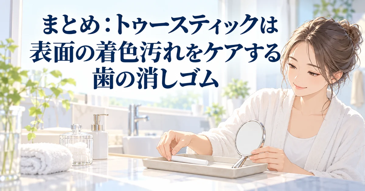 トゥースティックのまとめを紹介する、洗面台のトレーにスティックを置く女性のイラスト